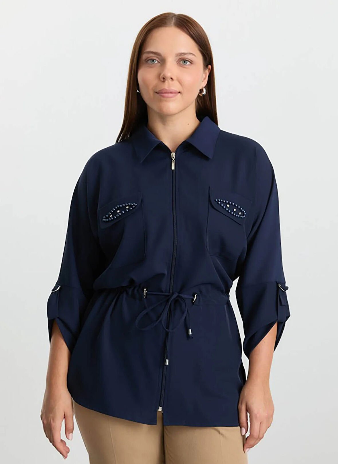 Selen Polo Yaka Taşlı Lacivert Kadın Bluz 25KSL8261