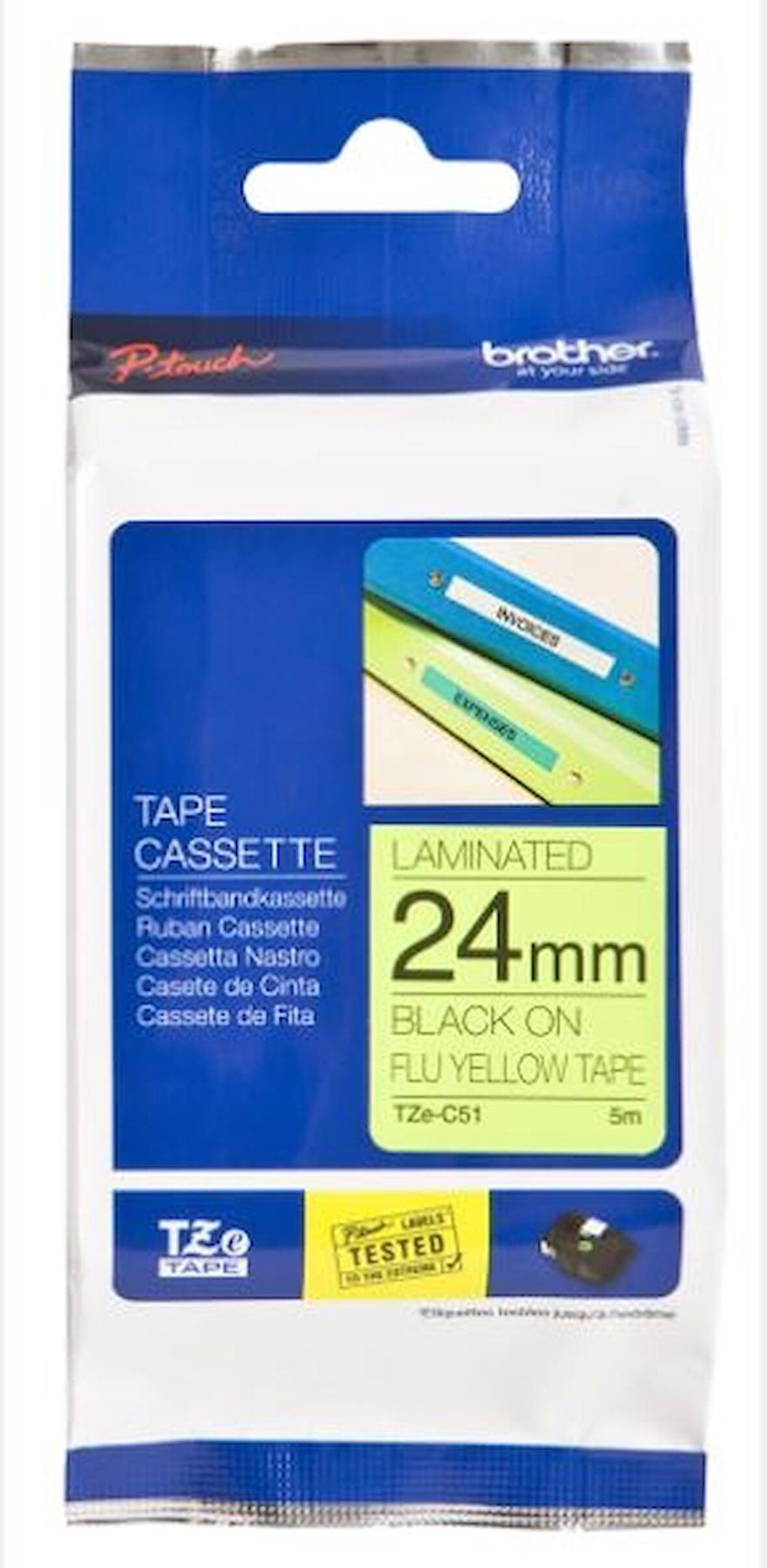 Tonersepeti Brother P-Touch TZE-C51 TZE-TAPE 24 MM Sarı üzerine Siyah Fosforlu Laminasyonlu Etiket