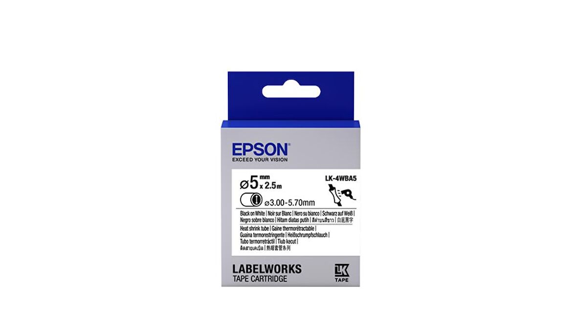 Tonersepeti Epson LK-4WBA5 Isıyla Daralan Siyah Üzeri Beyaz 5MM 2,5 Metre Orjinal Etiket C53S654904
