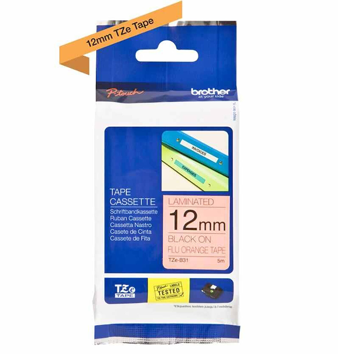 Tonersepeti TZe-B31 12mm Fosforlu Turuncu üzerine Siyah Laminasyonlu Etiket