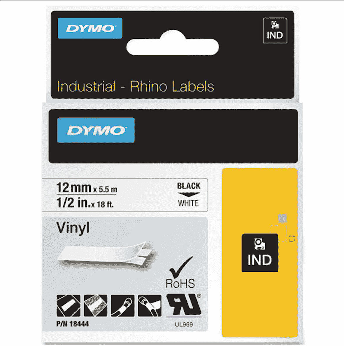 DYMO RhinoPRO 18444 Beyaz/Siyah Renkli  Şerit 12 mm x 5,5 mt