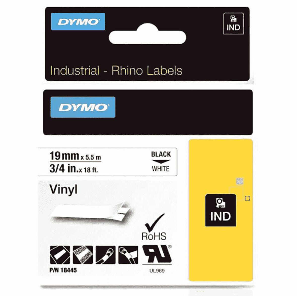 DYMO RhinoPRO 18445 Beyaz Siyah Renkli Vinil  Şerit 19 mm x 5,5 mt