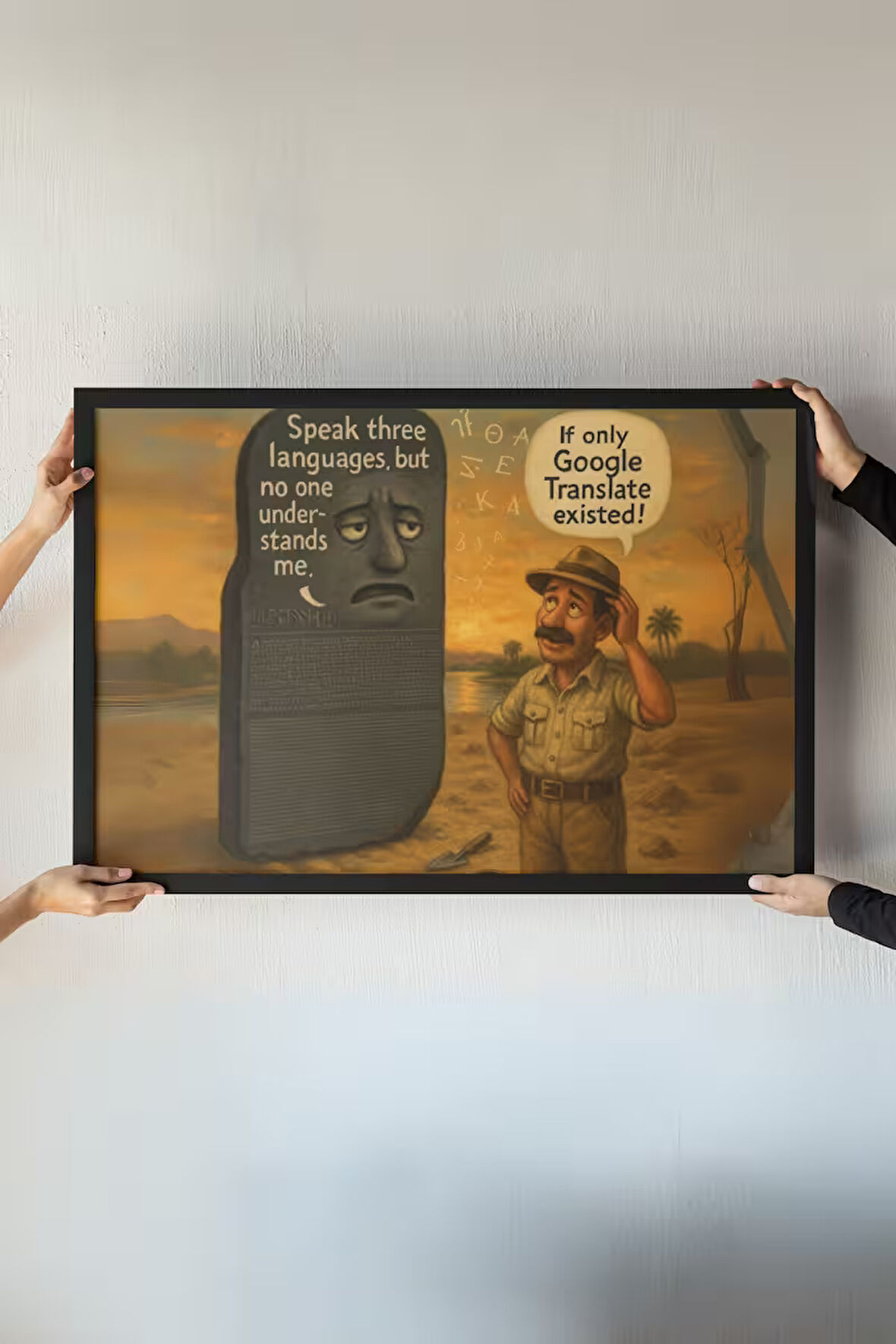 Rosetta Taşı Çerçeveli Tablo – Tarihi Mizah Baskı – Dilbilimci Hediyesi – Arkeoloji Dekor – 30x42 cm