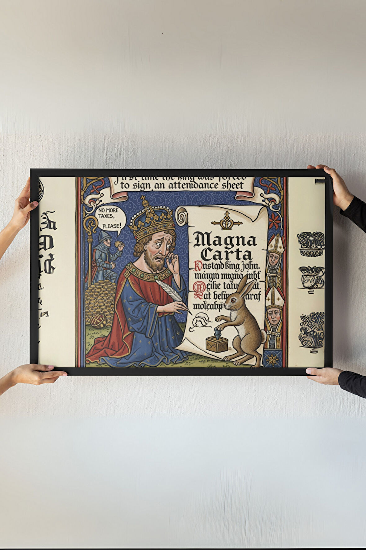 Magna Carta Çerçeveli Tablo – Kral John ve Orta Çağ Mizahı – Minyatür El Yazması Tasarımı – 30x42 cm