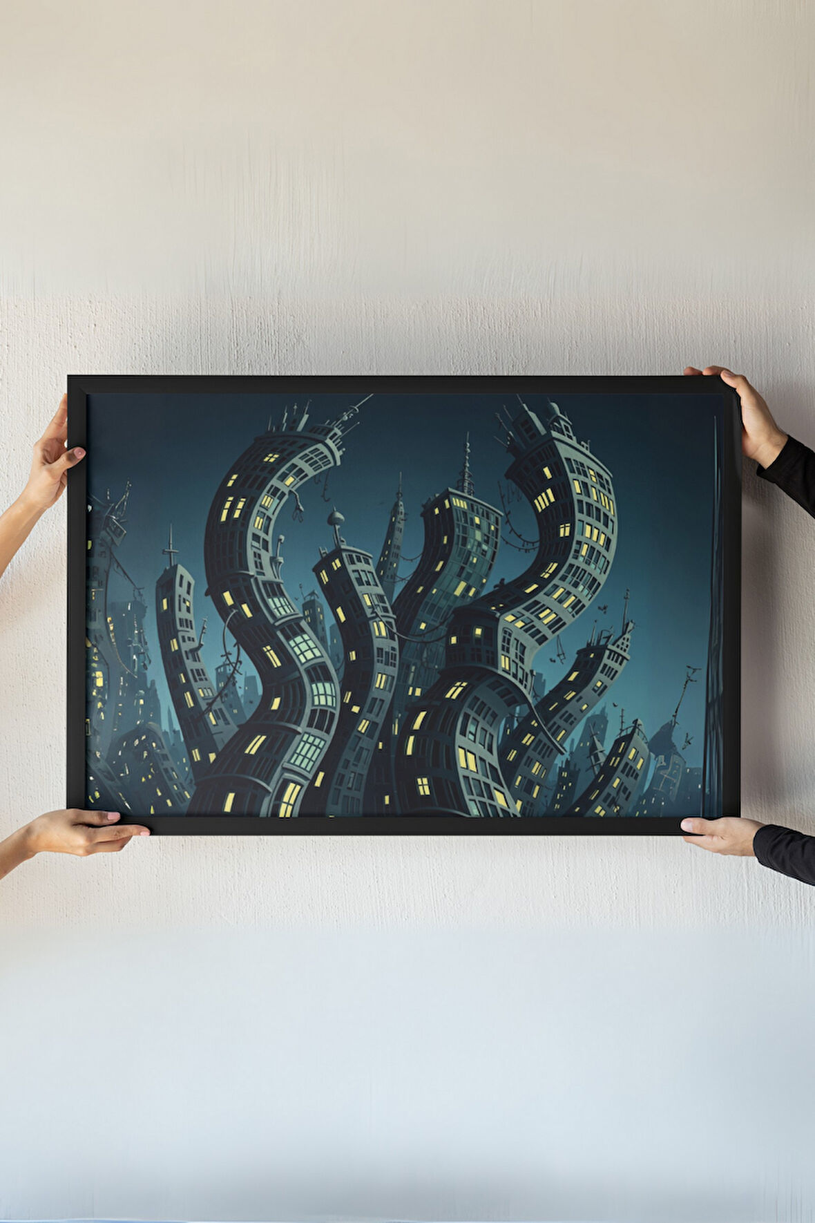 Surreal City Çerçeveli Tablo – Bükülmüş Binalar – Distopik Şehir – Modern ve Gotik Mimari 30x42 cm