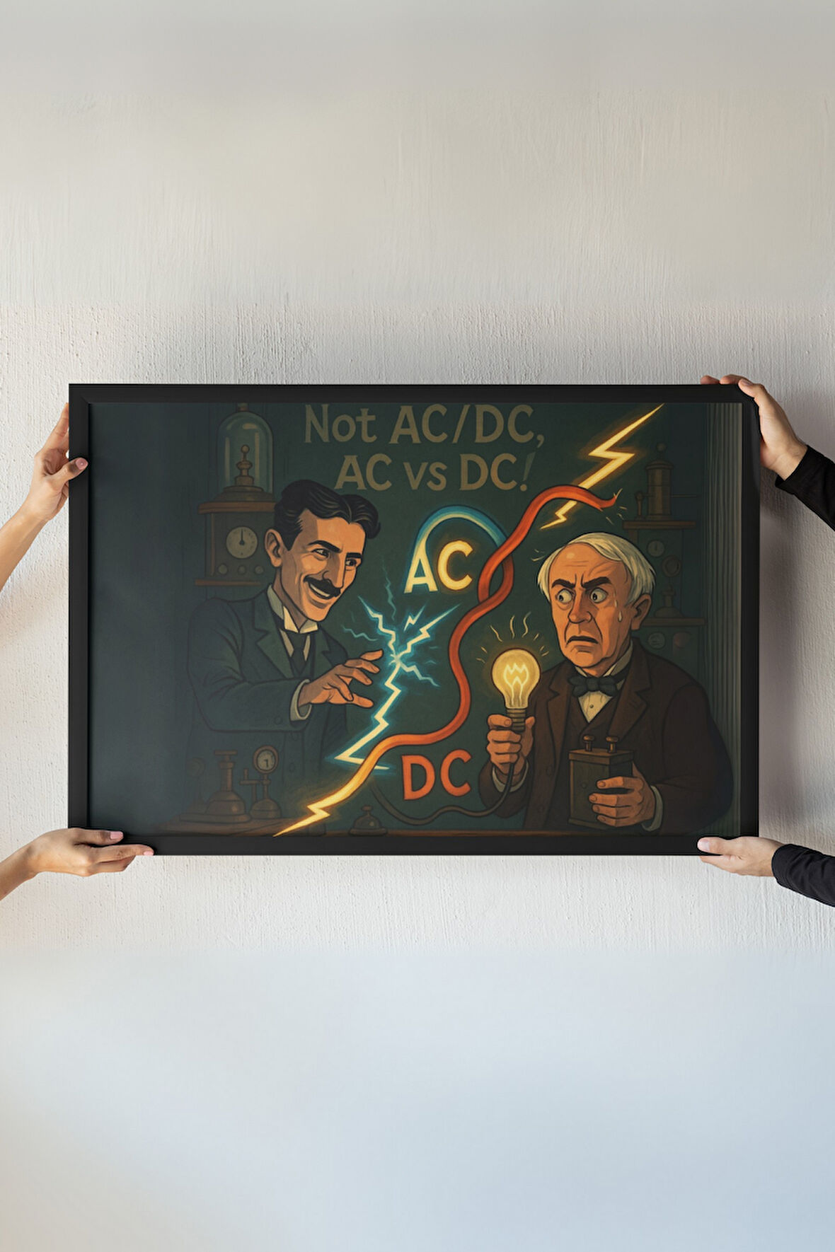 AC vs DC Çerçeveli Tablo – Tesla & Edison Elektrik İcadı – Bilim ve Mühendislik Dekoru – 30x42 cm