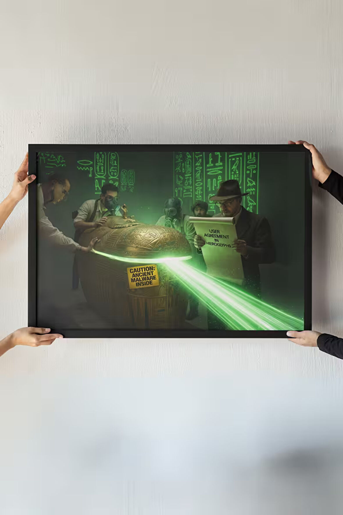 Antik Mısır Siber Güvenlik Çerçeveli Tablo – Mizahi ve Bilim Kurgu Temalı Dekor – 30x42 cm