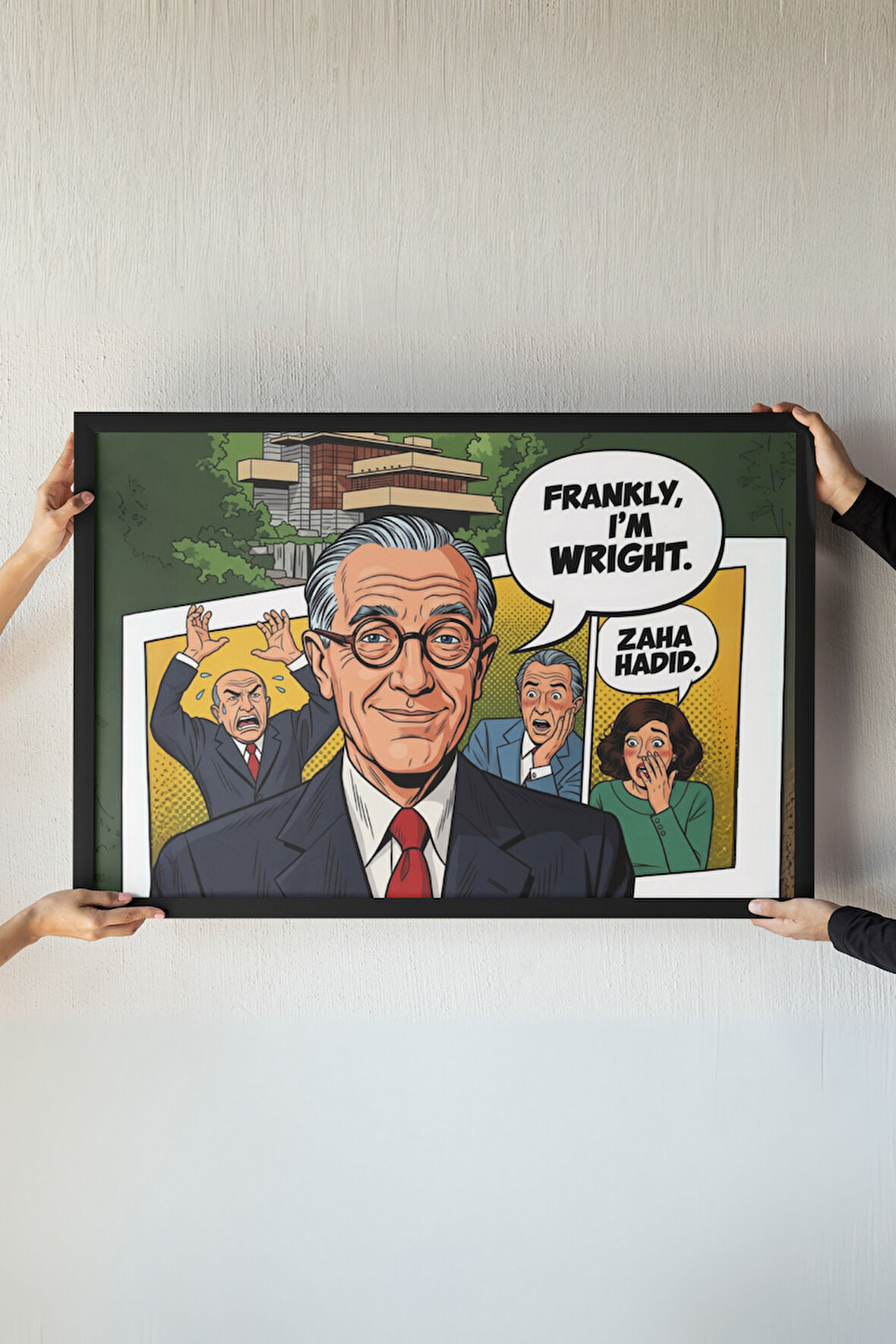 Frank Lloyd Wright & Zaha Hadid Çerçeveli Tablo – Çizgi Roman Tarzı Mimarlık Mizahı – 30x42 cm