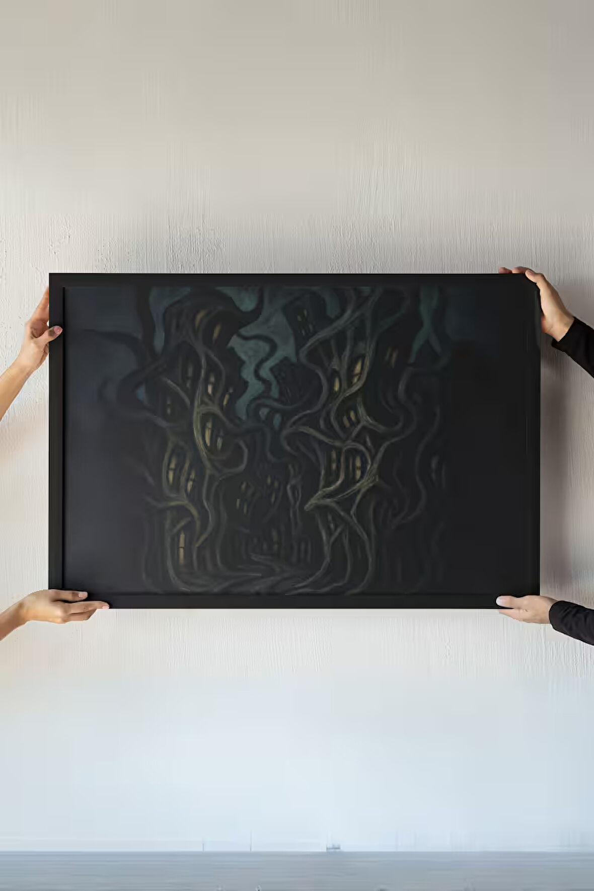 Surreal Architecture Çerçeveli Tablo – Bükülmüş Binalar – Soyut Şehir – Duvar Dekoru 30x42 cm