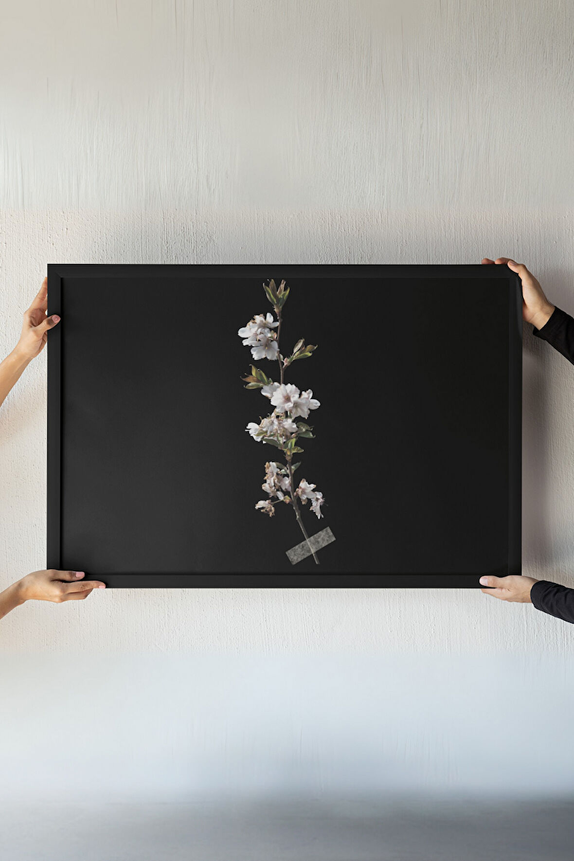 Minimalist Çiçek Dalı Çerçeveli Tablo–Siyah Fon Üzerine Beyaz Çiçek Sanatı – Duvar Dekoru – 30x42 cm