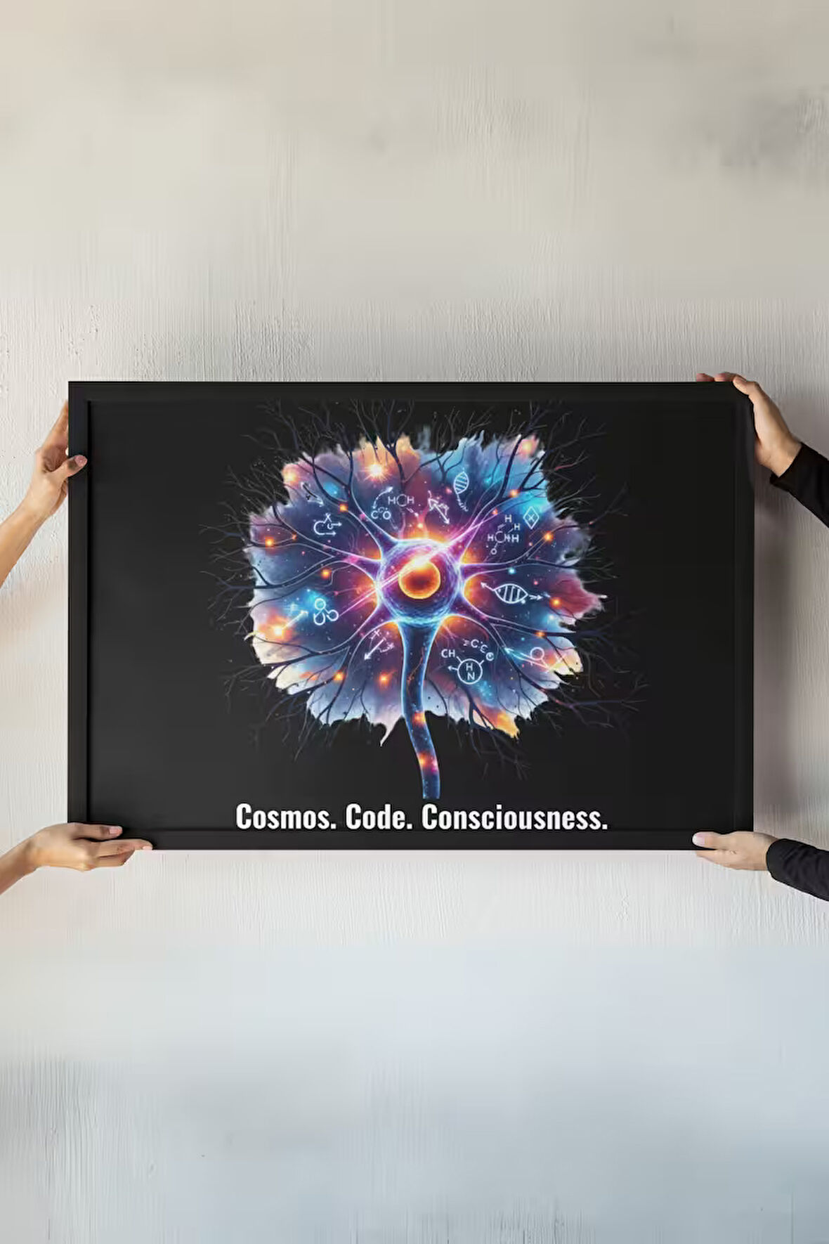 Bilim Temalı Çerçeveli Tablo – Sinir Hücresi, DNA ve Kozmos Tasarımı – Bilim Sever Dekoru – 30x42 cm