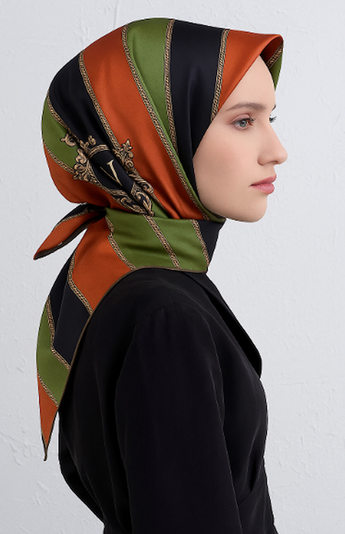 Vissona Twill Silk Scarf 16287 - 0037 - 0014 Green Orange Stripe Pattern