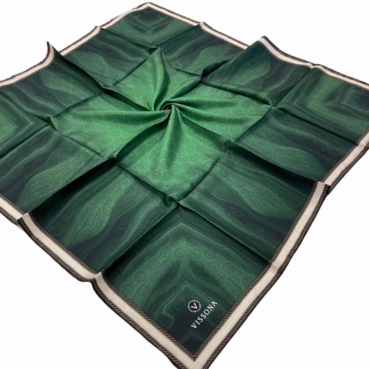 Vissona Zümrüt Yeşili Desen Tivil İpek Eşarp 10659-0036