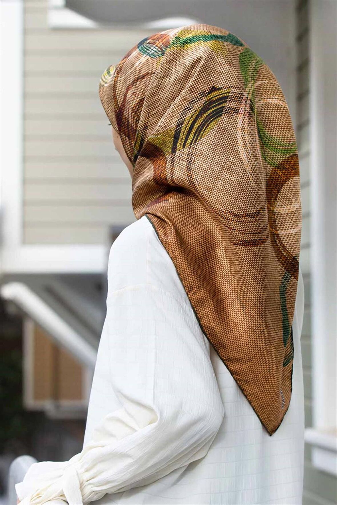 Vissona Tivil Kahve Yeşil İpek Eşarp 7405-0003-0037