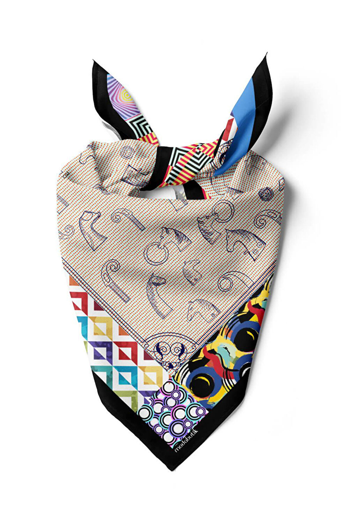 Kadın Krem Mavi Satranç Desenli 50x50 Bandana