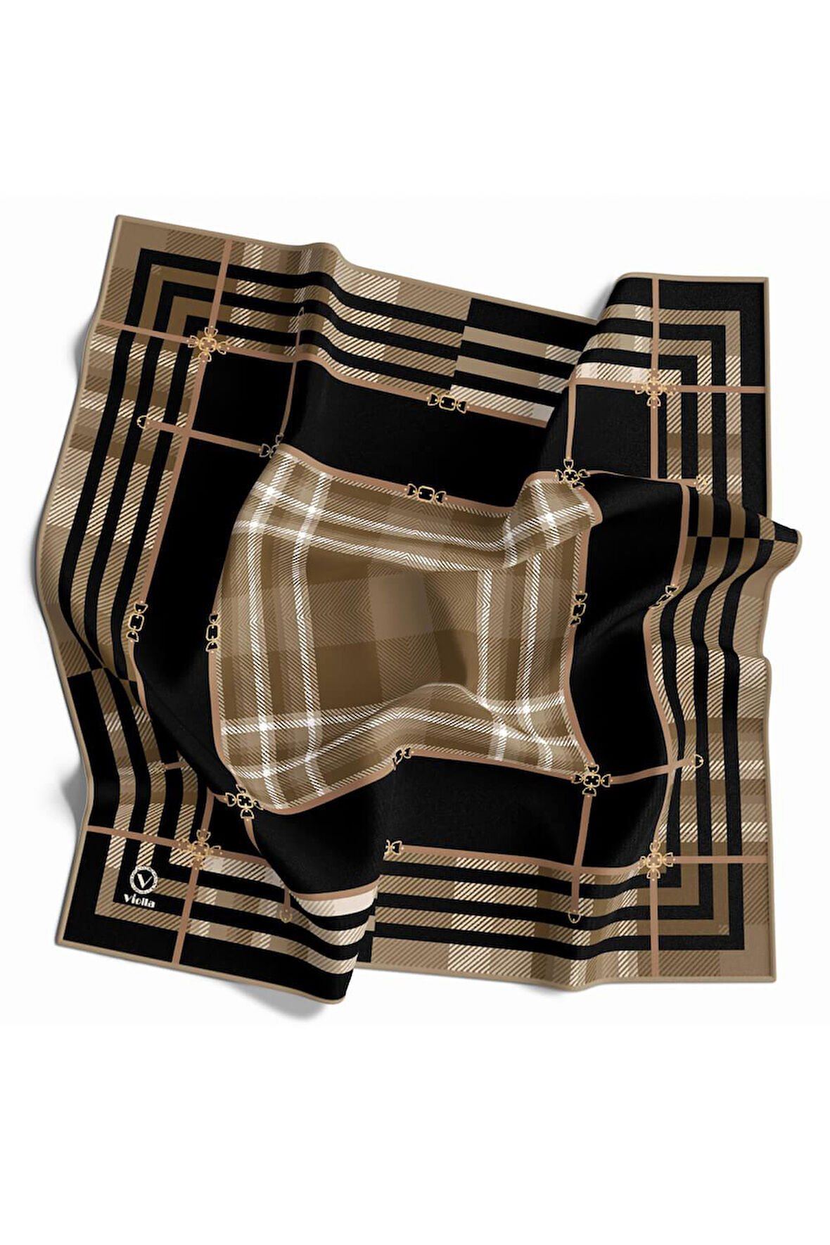 Twill Kemerli ve Ekose Desenli Siyah Renkli 90x90 Eşarp (İpek İçermez)Kenar Dikiş Şekli El Dikişli