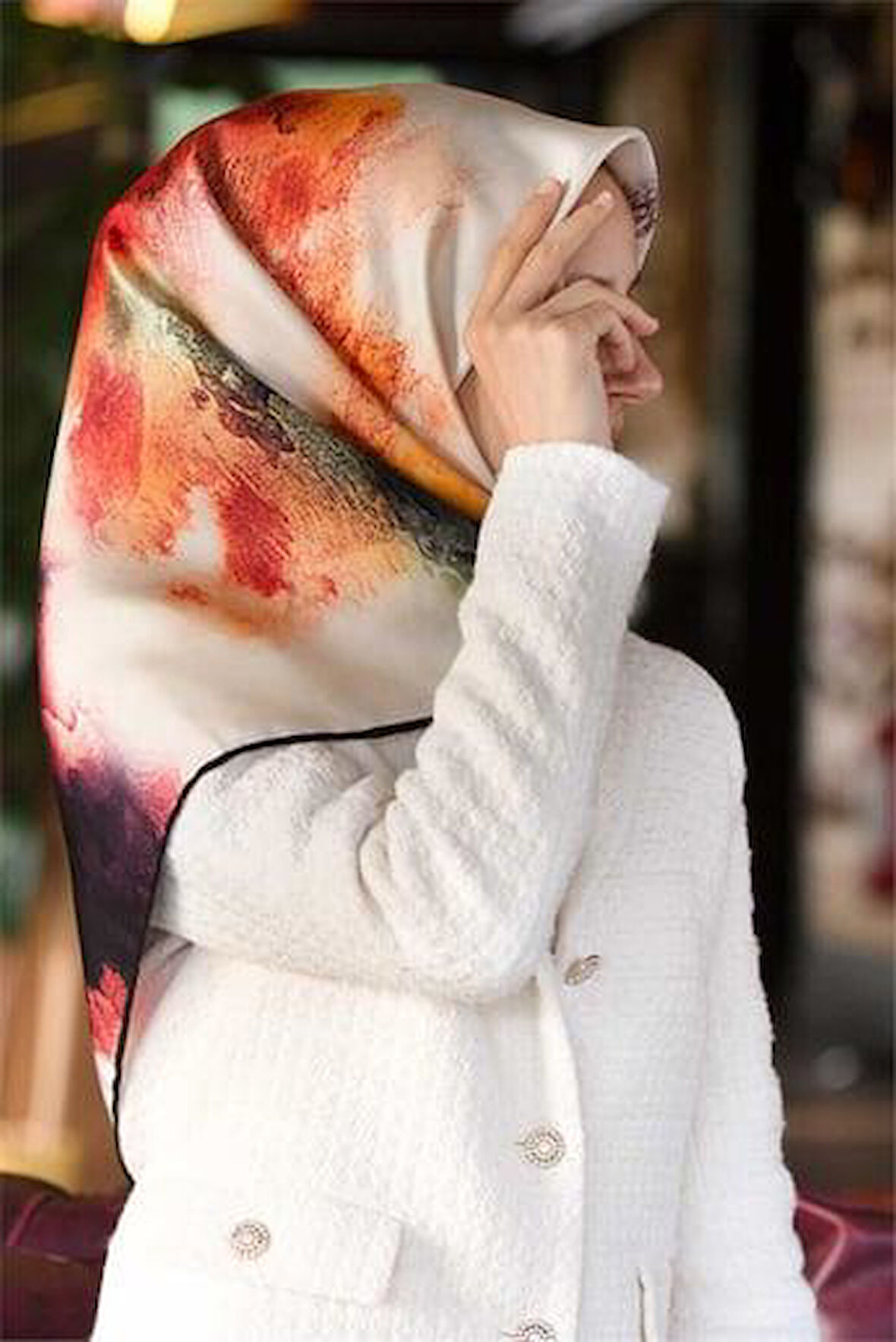 Vissona Tivil İpek Eşarp 10698 - 0037 Beyaz Yeşil Pastel Boya Desen