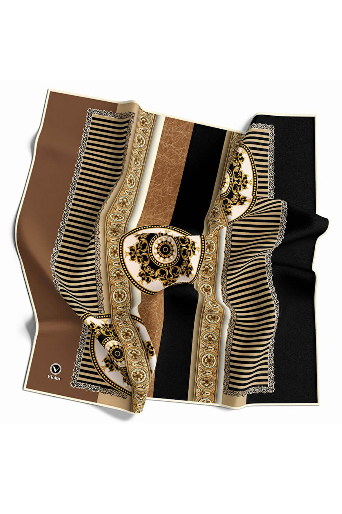 Twill Çizgili ve Barok Desenli Bej Renkli 90x90 Eşarp (İpek İçermez) Kenar Dikiş Şekli El Dikişli