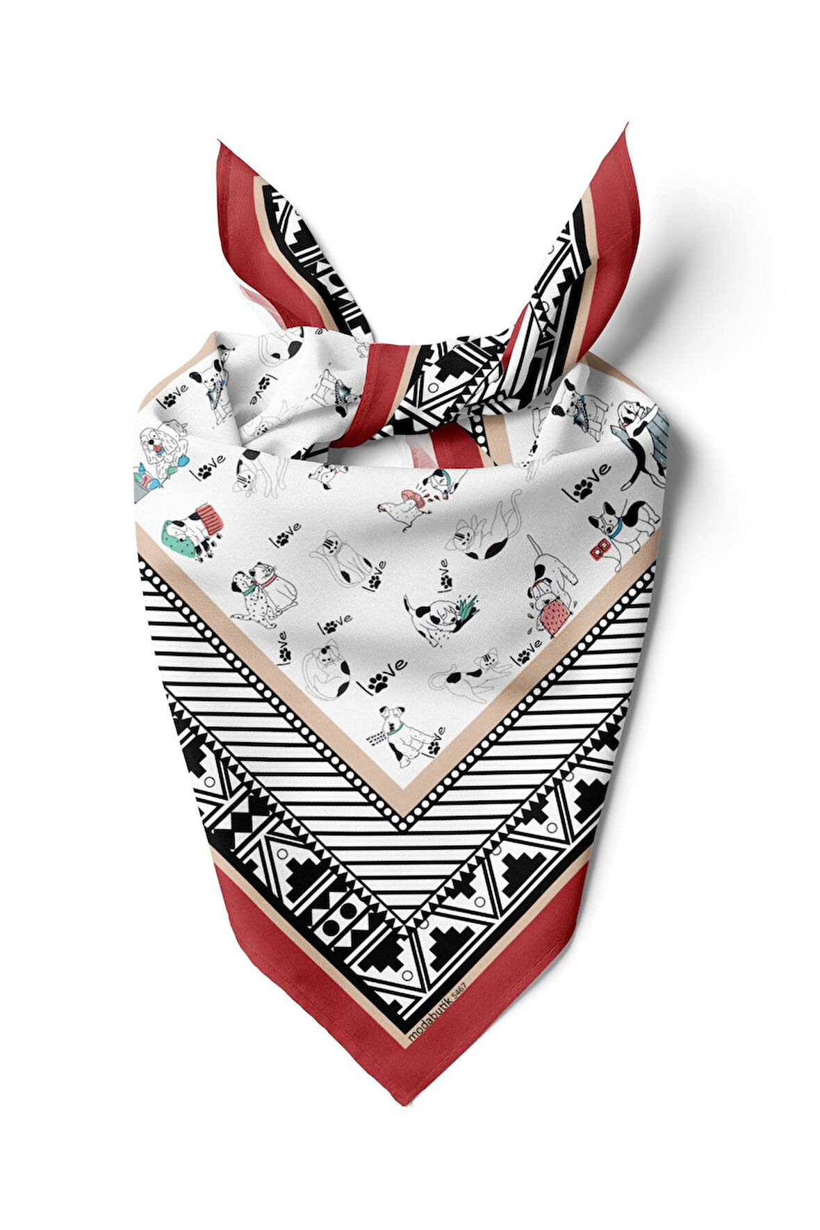 Etnik Dog Desenli Kırmızı Siyah Köpek Bandanası DG5467 45x45