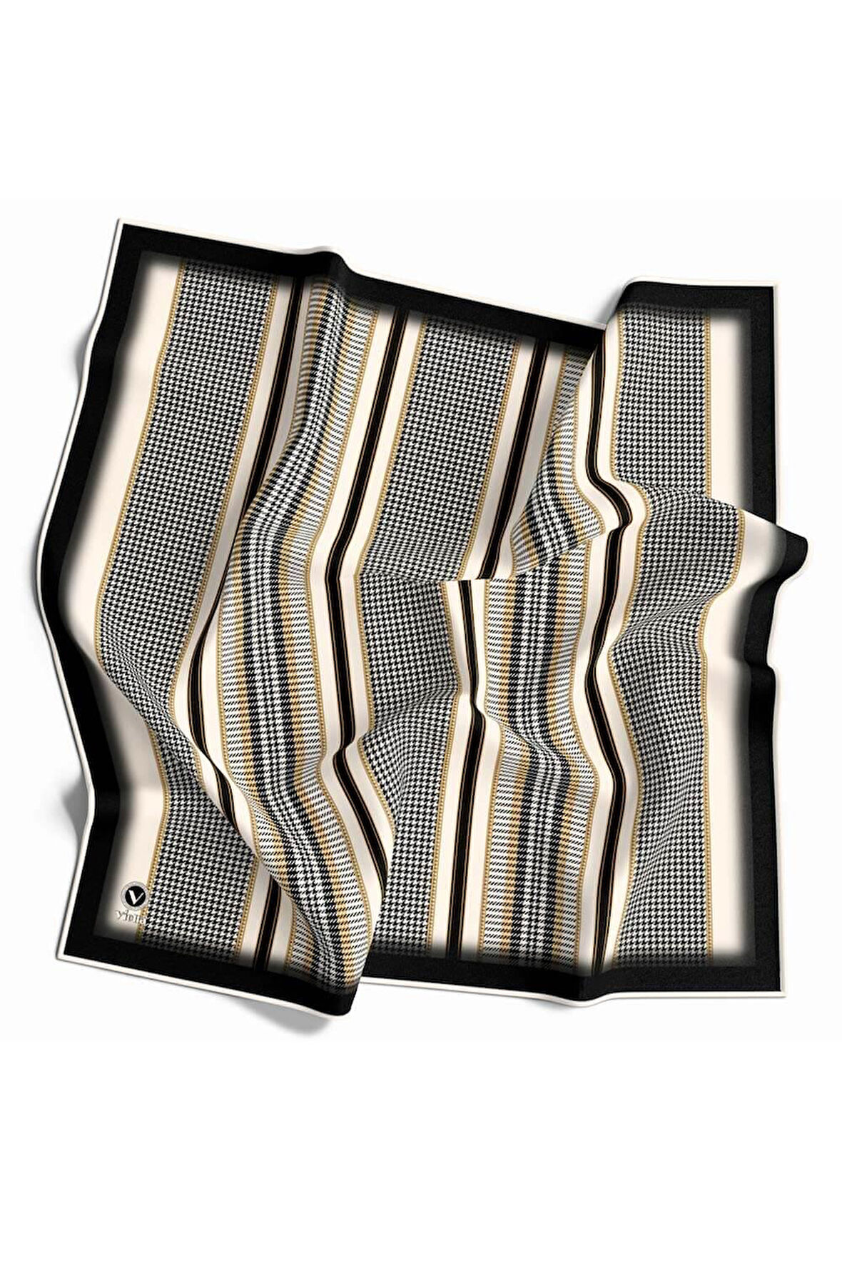 Twill Kazayaklı Şerit Desenli Siyah Renkli 90x90 Eşarp (İpek İçermez) Kenar Dikiş Şekli El Dikişli