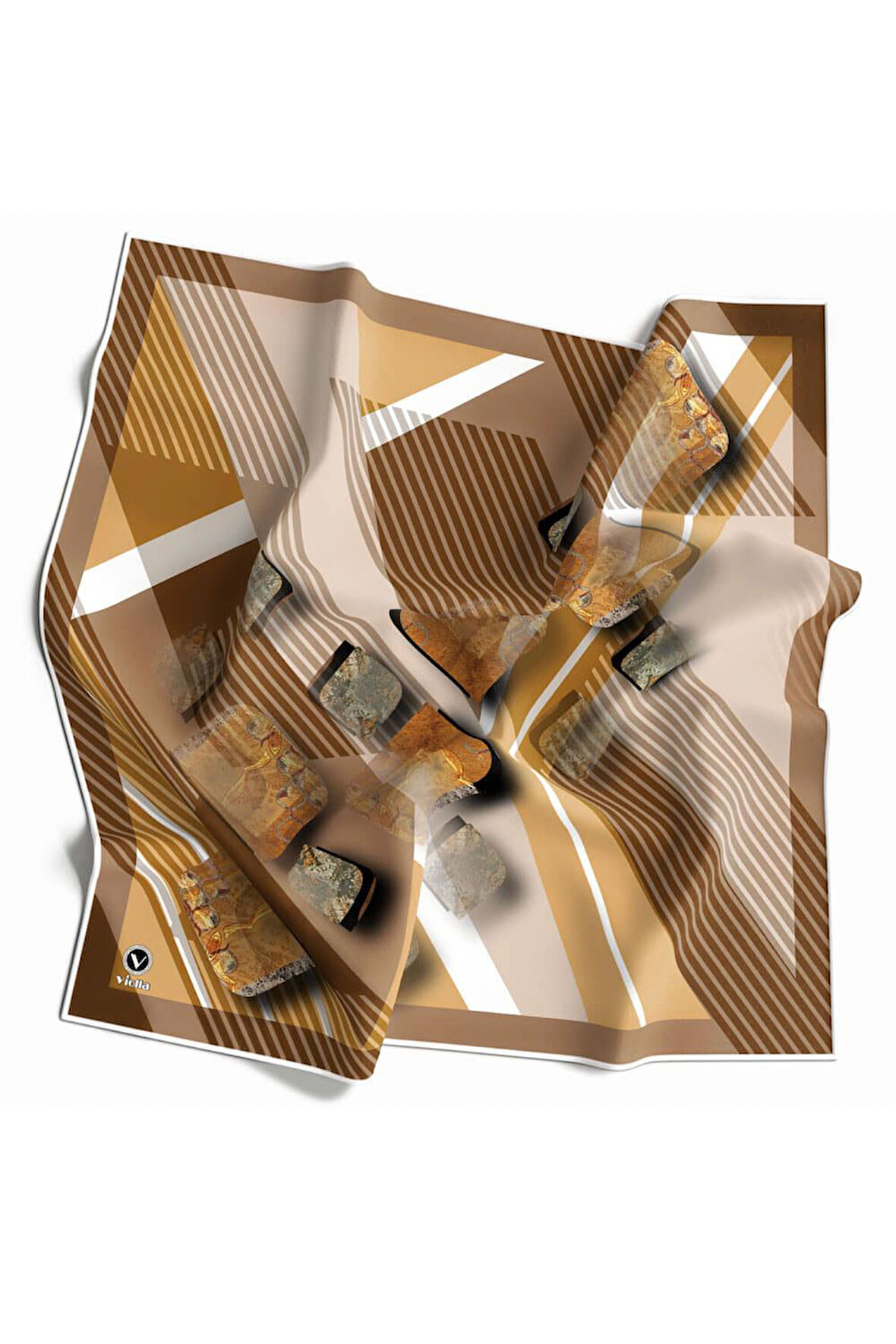 Twill Çizgili ve Geometrik Desenli Sütlükahve Renkli 90x90 Eşarp (İpek İçermez) Kenar Dikiş Şekli El Dikişli