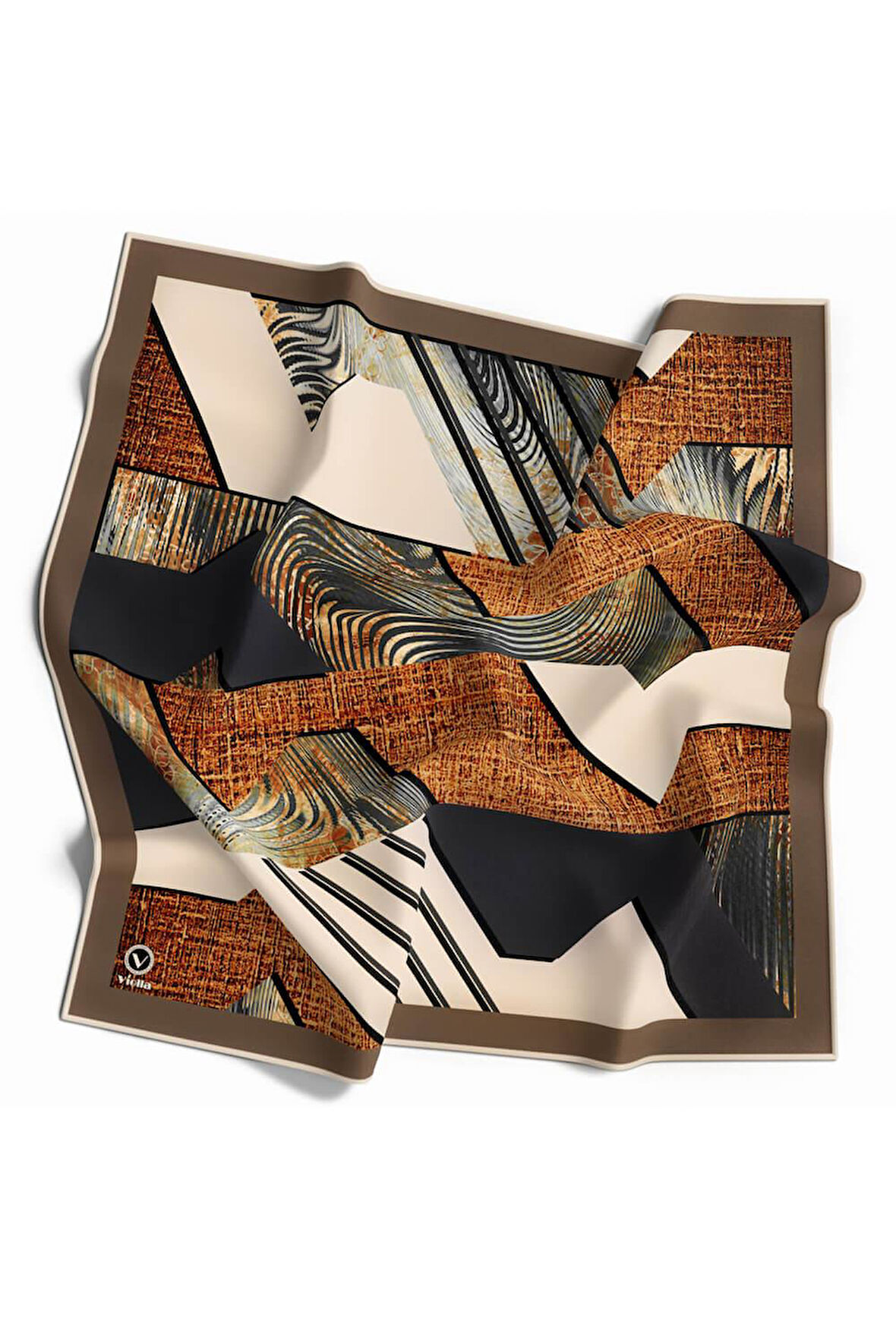 Twill Dalgalı Geometrik Desenli Vizon Renkli 90x90 Eşarp (İpek İçermez) Kenar Dikiş Şekli El Dikişli