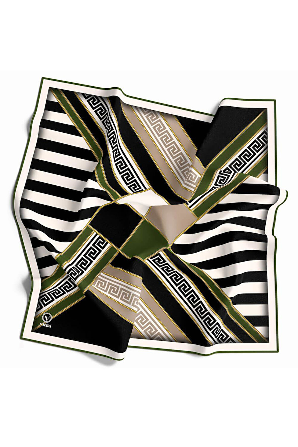 Twill Çizgili Geometrik Desenli Zümrüt Yeşili Renkli 90x90 Eşarp (İpek İçermez) Kenar Dikiş Şekli El Dikişli