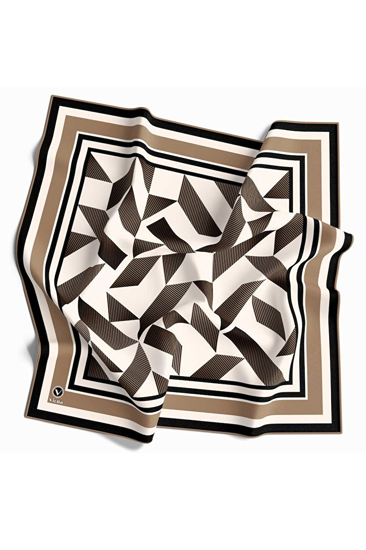 Twill Geometrik Desenli Bej Renkli 90x90 Eşarp (İpek İçermez) Kenar Dikiş Şekli El Dikişli