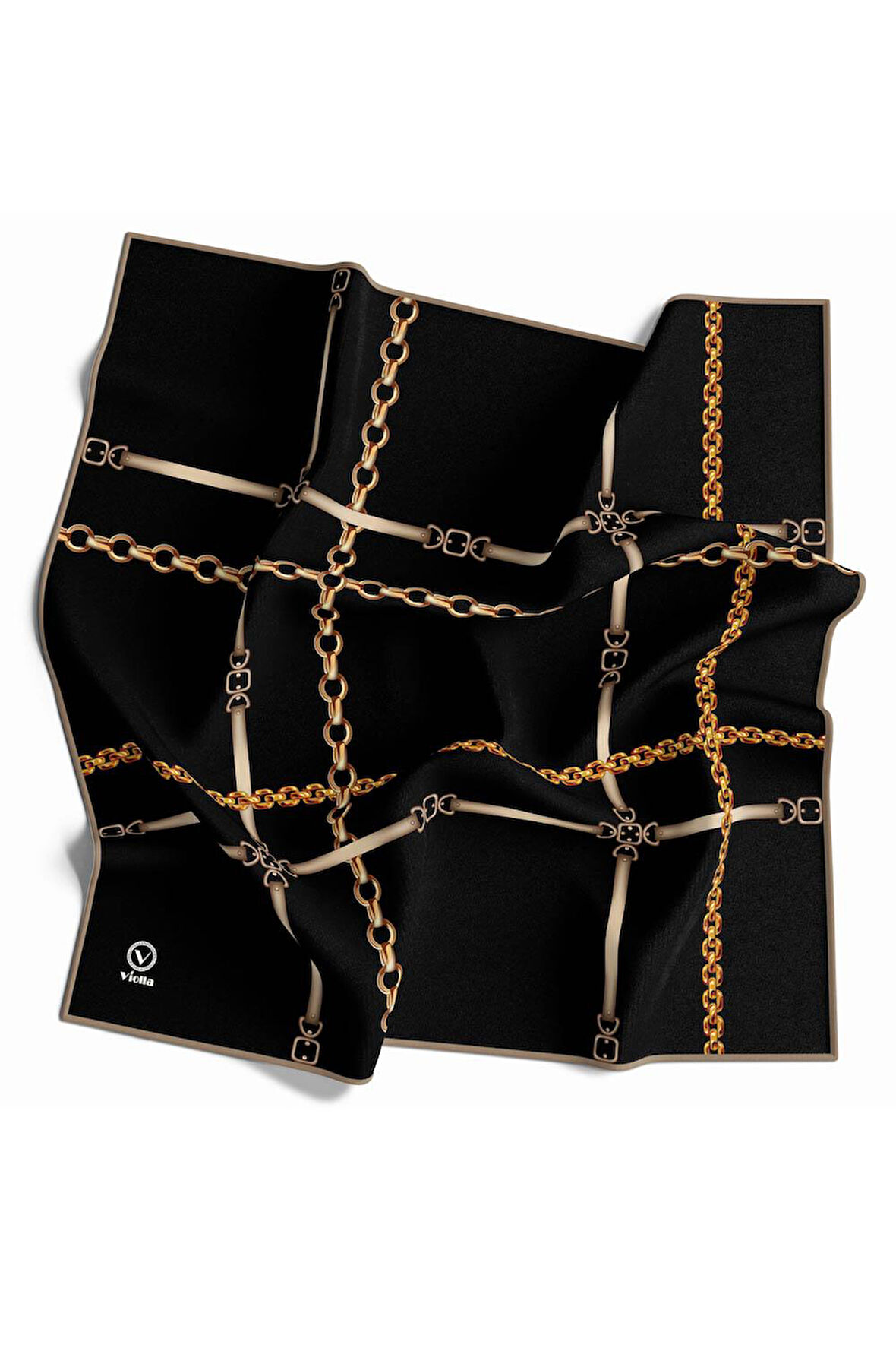 Twill Zincir ve Kemer Desenli Siyah Renkli 90x90 Eşarp (İpek İçermez) Kenar Dikiş Şekli El Dikişli