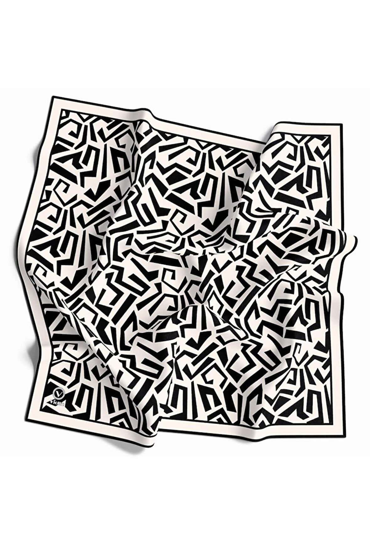 Twill Geometrik Desenli Siyah Renkli 90x90 Eşarp (İpek İçermez) Kenar Dikiş Şekli El Dikişli