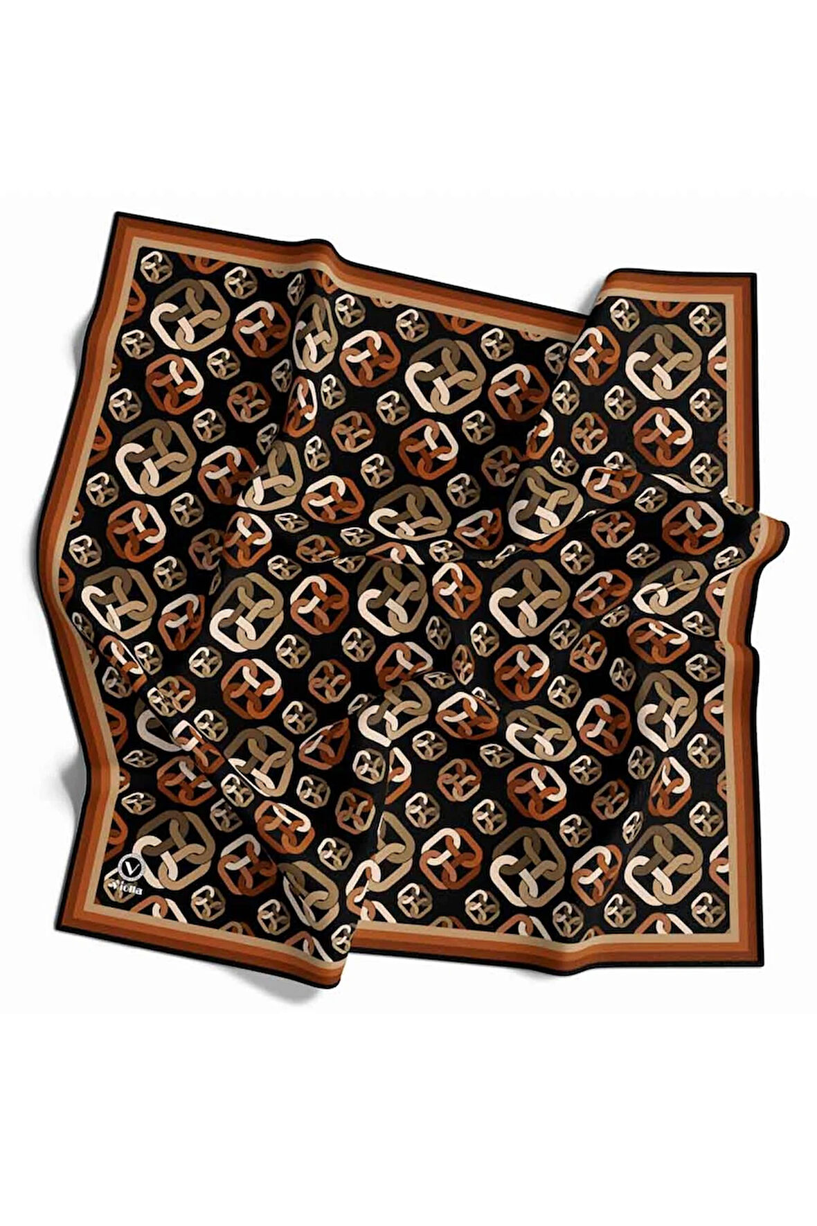 Kristal Zincir Motif Desenli Taba Renkli 90x90 Eşarp (İpek İçermez) Kenar Dikiş Şekli El Dikişli