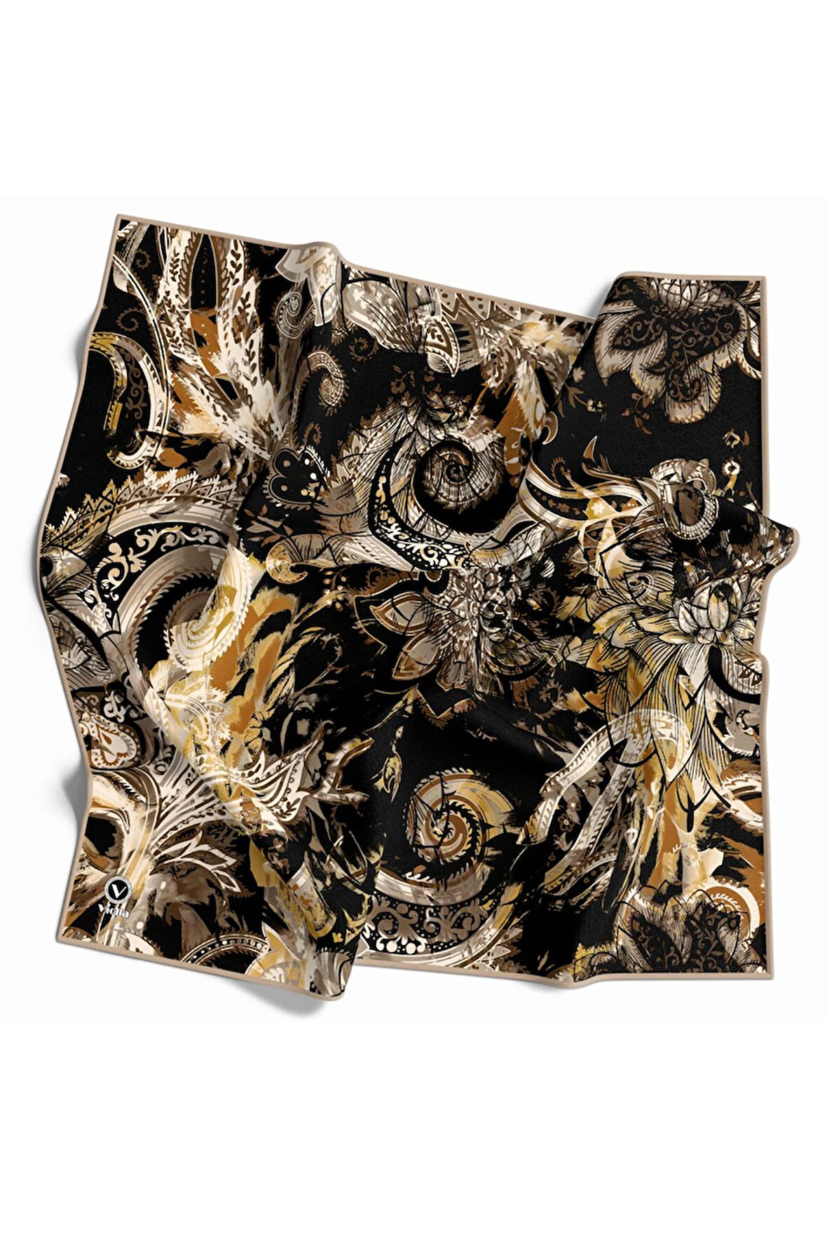 Twill Şal Desenli Bej Renkli 90x90 Eşarp (İpek İçermez) Kenar Dikiş Şekli El Dikişli