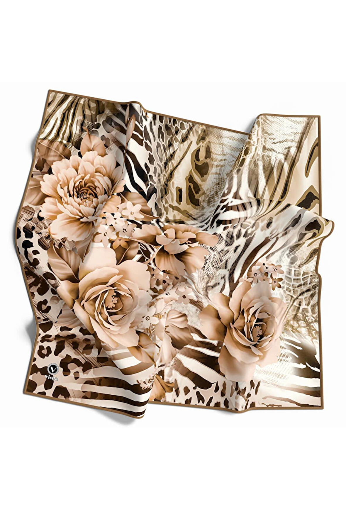 Twill Renkli Şerit Desenli Bej Renkli 90x90 Eşarp (İpek İçermez) Kenar Dikiş Şekli El Dikişli