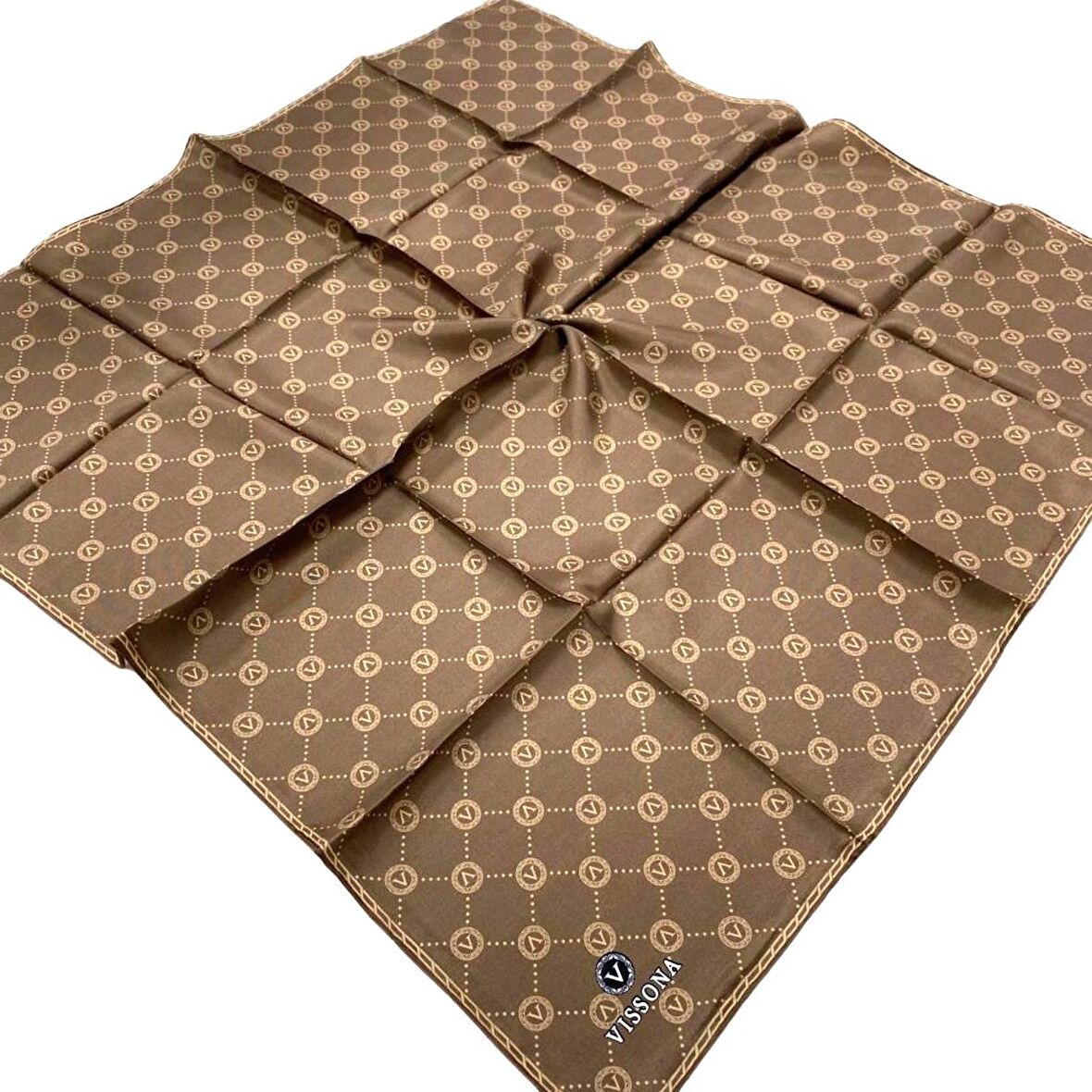 Vissona Sütlü Kahve Monogram Desenli Tivil İpek Eşarp DGN52033-0006