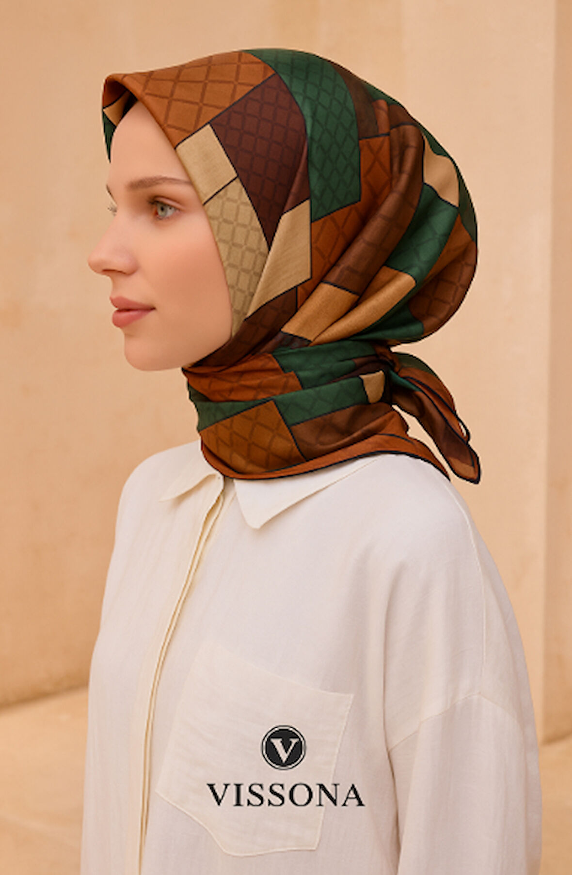 Vissona Tivil İpek Eşarp 50120 - 0012 - 0039 Pudra Pembe Karışık Desen 