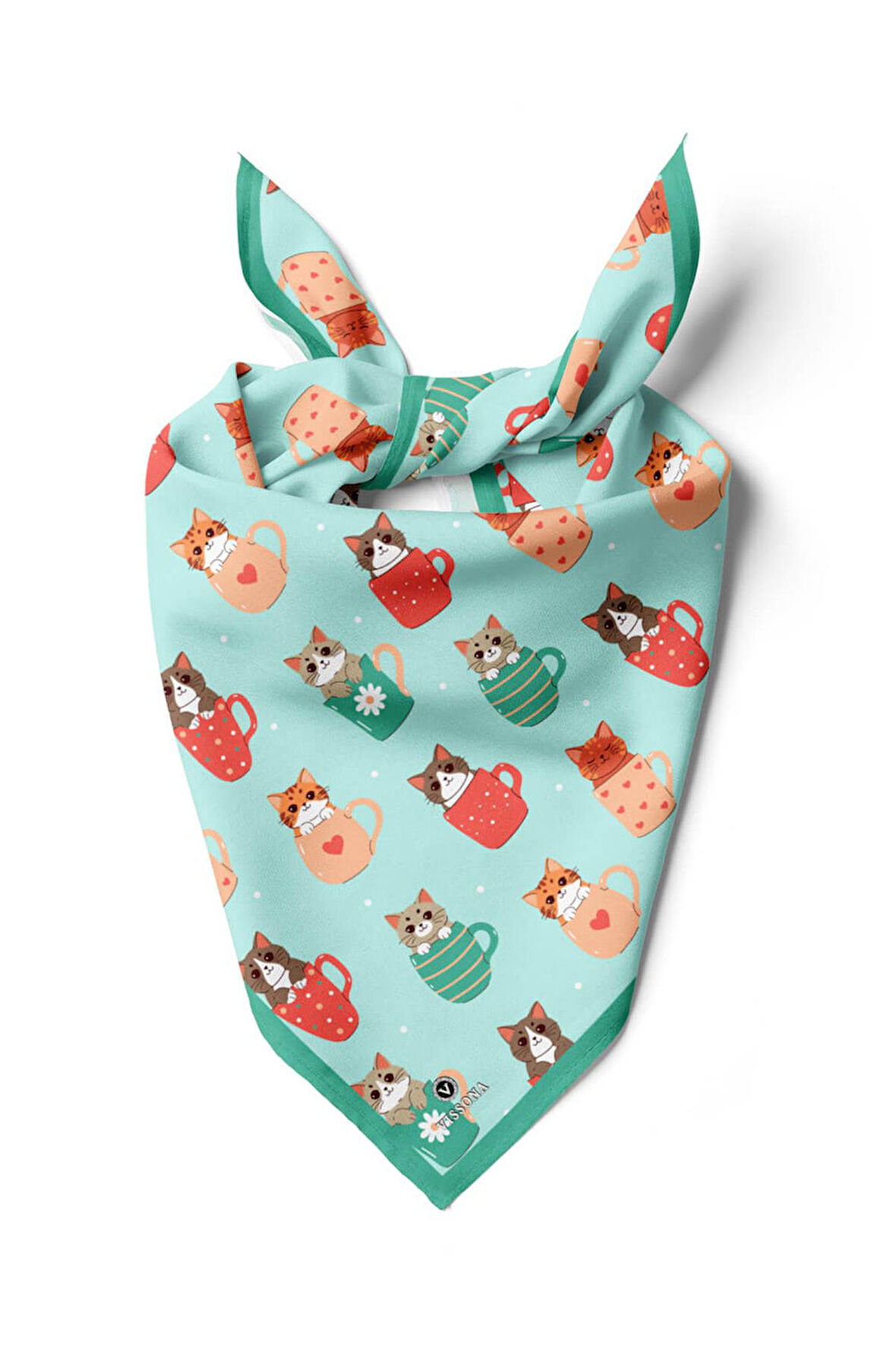 %100 İpek Fincanda Kedi Desenli Bandana