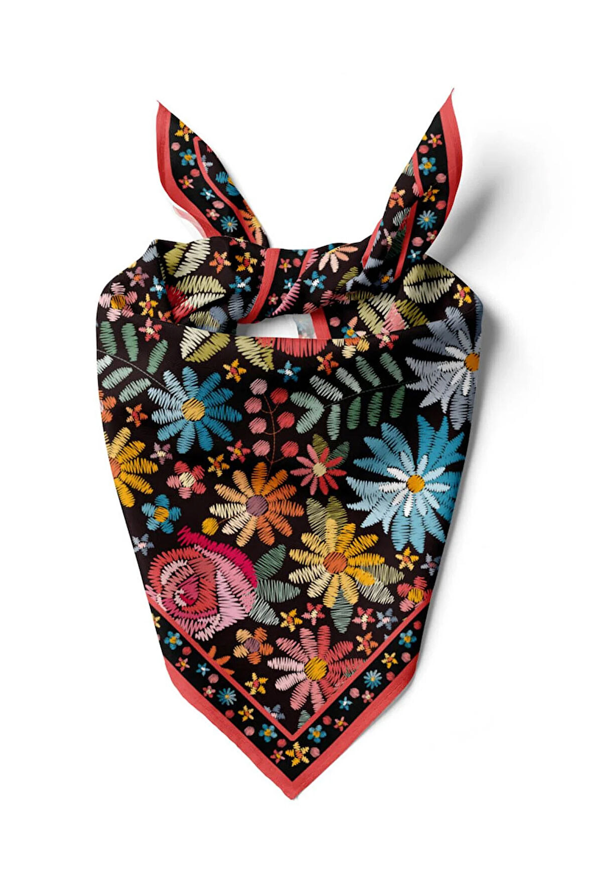 %100 İpek Nakış Çiçek Desenli Kadın Bandana