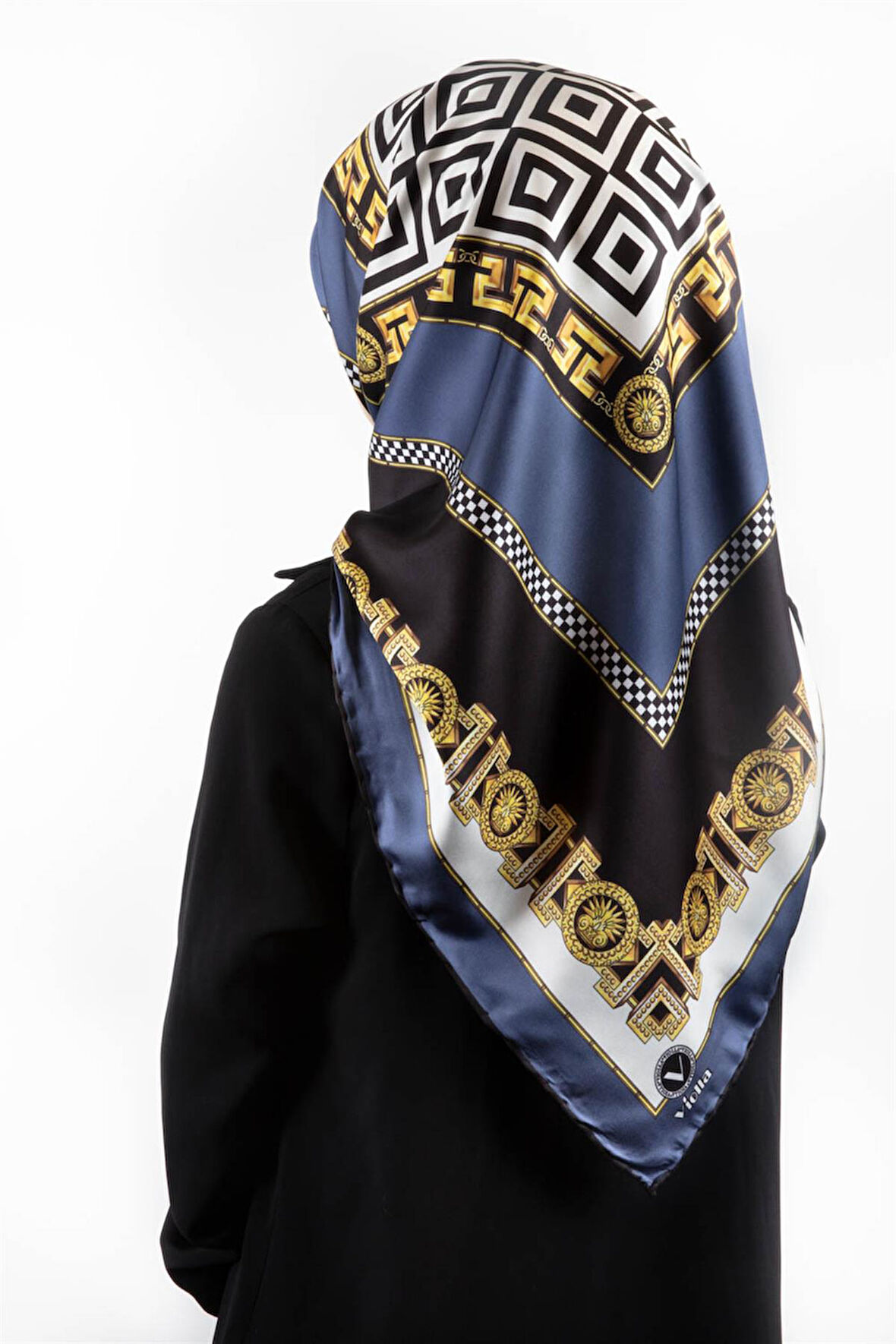 Twill Çizgili Barok Desenli İndigo Renkli 90x90 Eşarp (İpek İçermez)