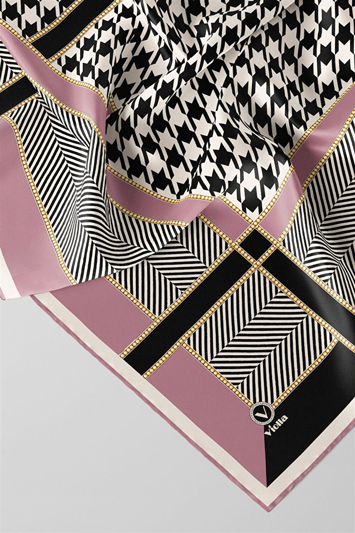 Twill Kazayağı Desenli Pembe Renkli 90x90 Eşarp (İpek İçermez) Kenar Dikiş Şekli El Dikişli