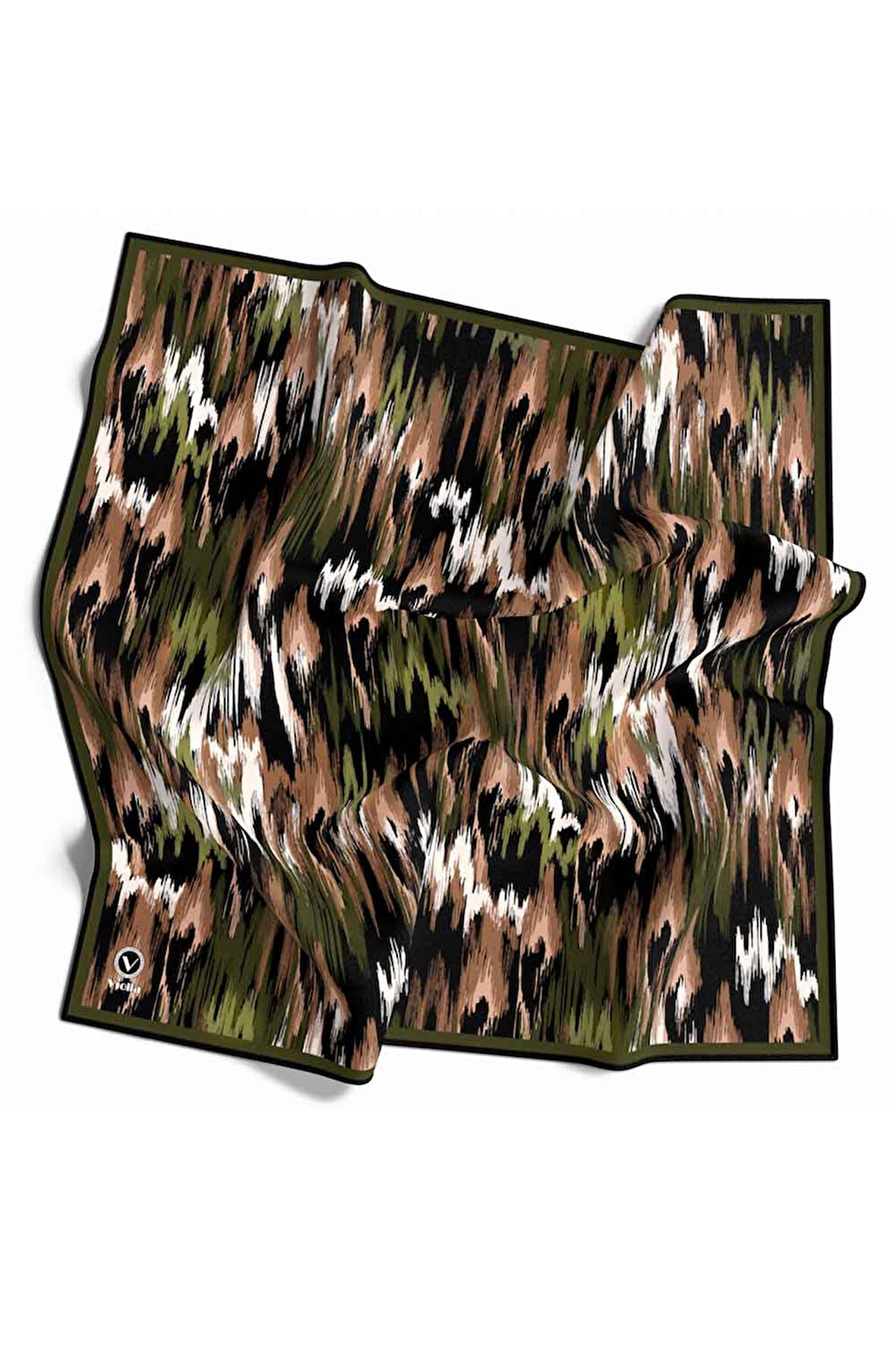 Twill Fırça Desenli Haki Renkli 90x90 Eşarp (İpek İçermez) Kenar Dikiş Şekli El Dikişli