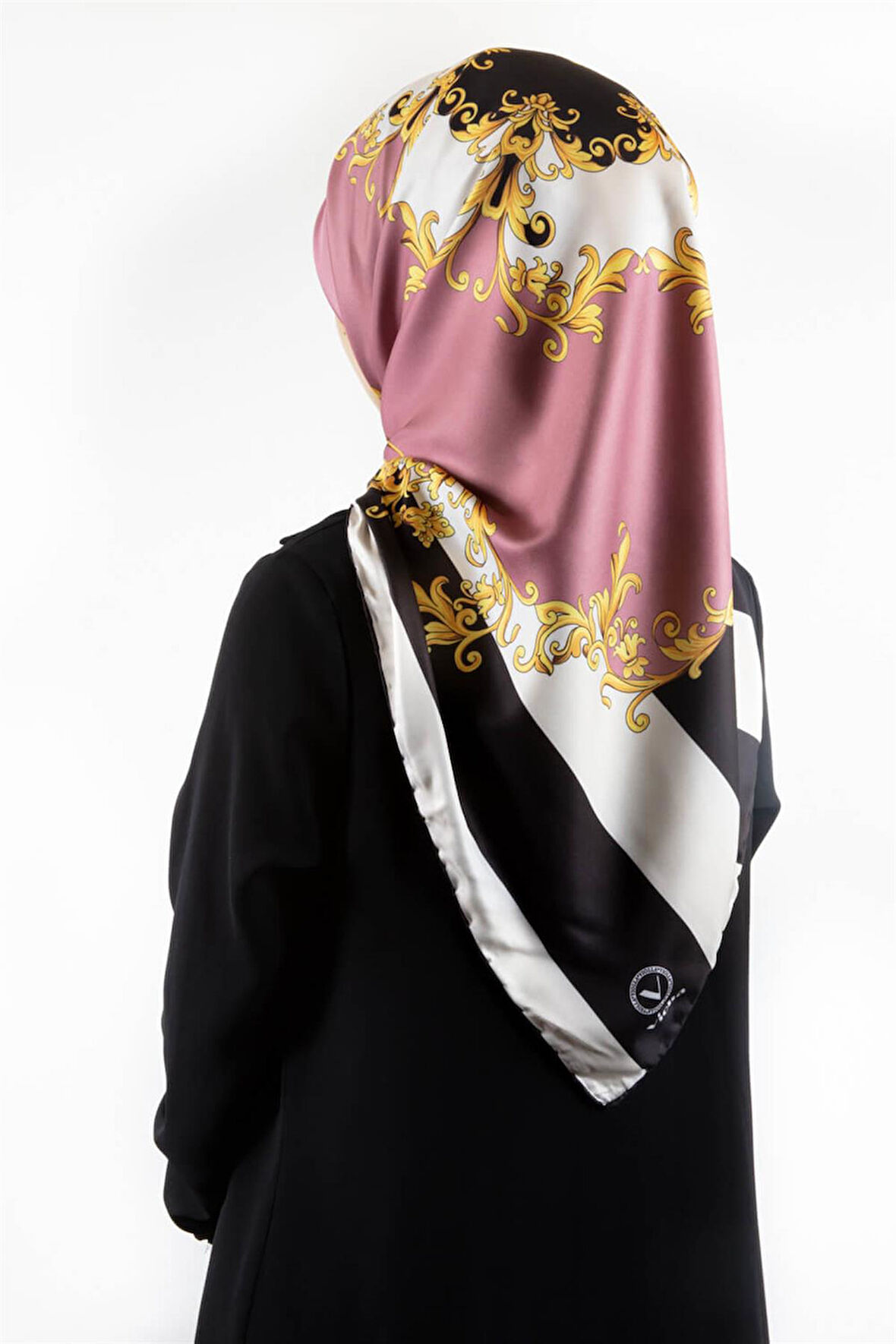 Twill Çizgili Barok Desenli Pudra Renkli 90x90 Eşarp (İpek İçermez)