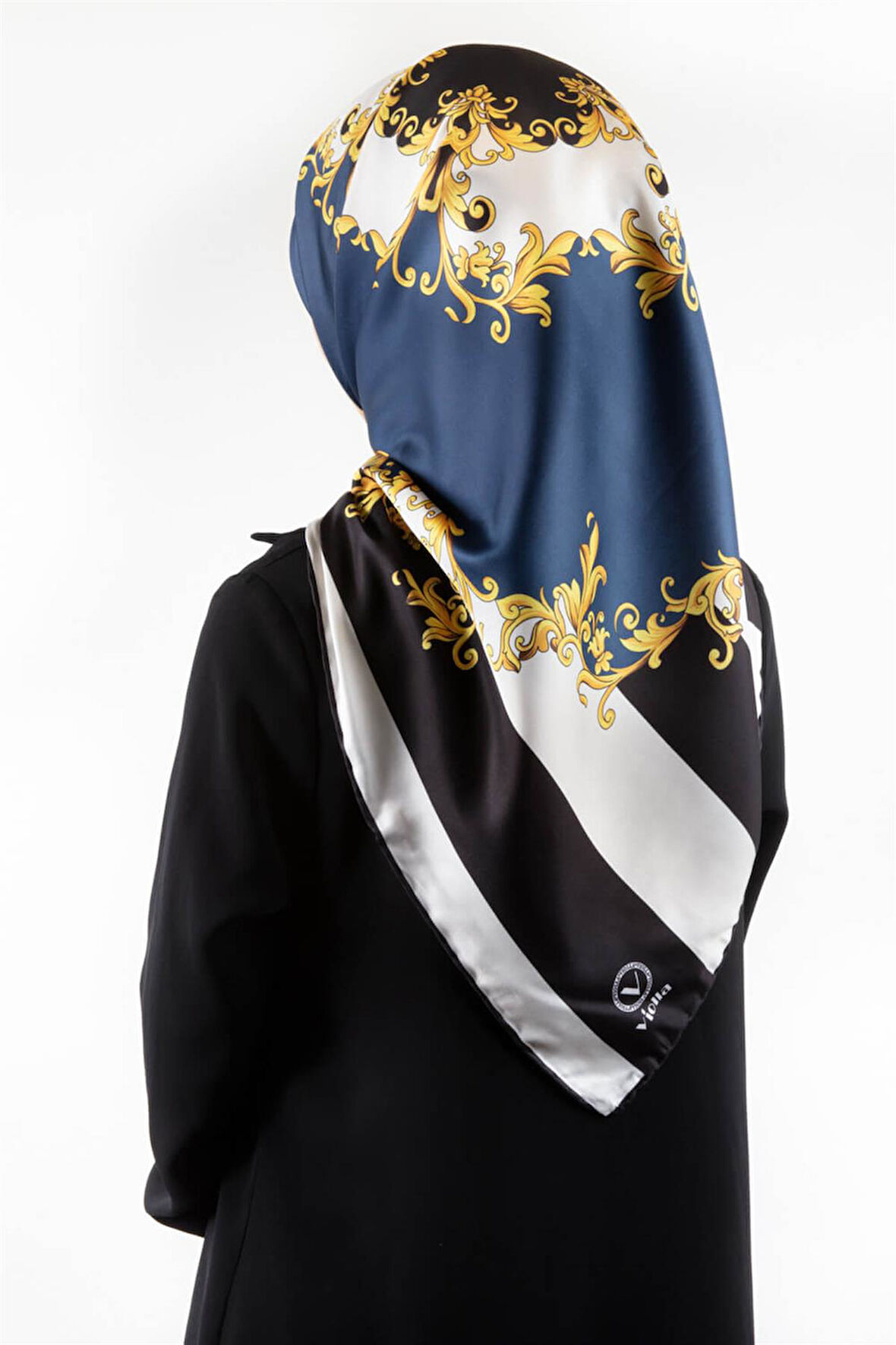 Twill Çizgili Barok Desenli İndigo Renkli 90x90 Eşarp (İpek İçermez)