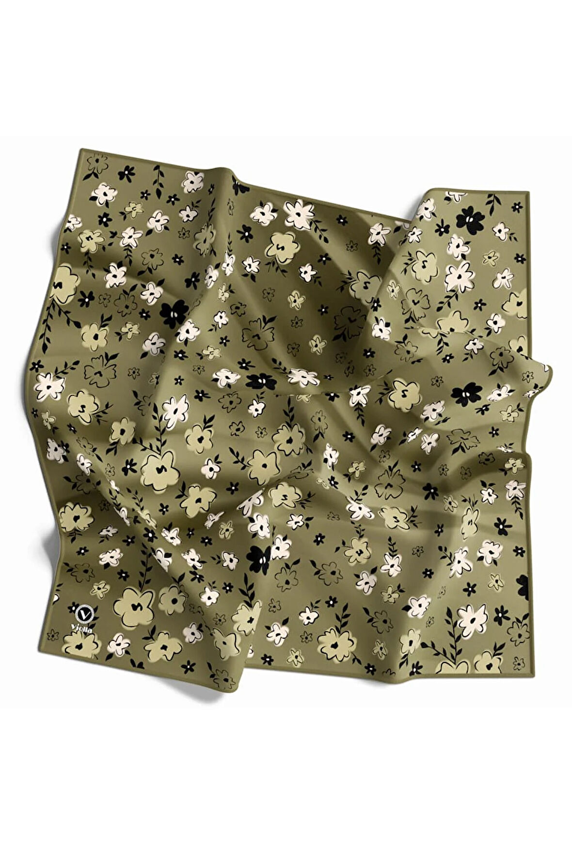 Rayon Papatya Desenli Haki Yeşili Renkli 90x90 Eşarp (İpek İçermez) Kenar Dikiş Şekli El Dikişli