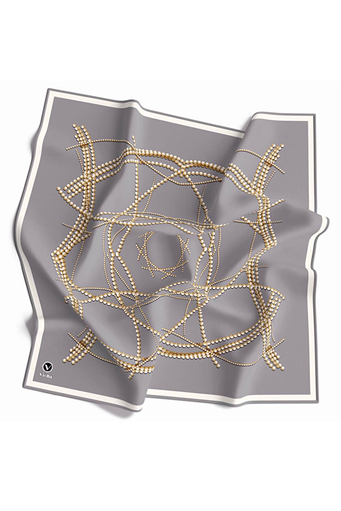 Twill Boncuk Desenli Gri Renkli 90x90 Eşarp (İpek İçermez) Kenar Dikiş Şekli El Dikişli