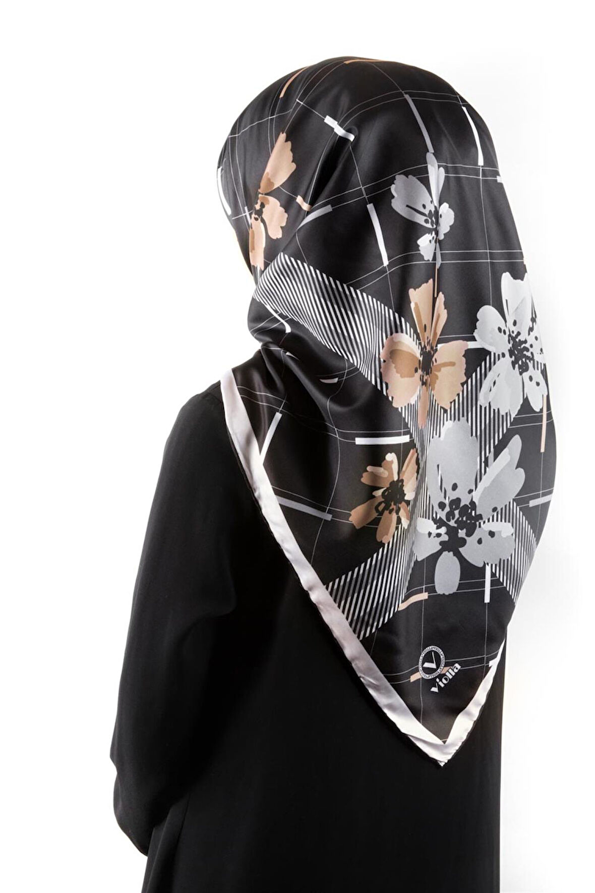 Twill Papatya Desenli Siyah Renkli 90x90 Eşarp (İpek İçermez) Kenar Dikiş Şekli El Dikişli