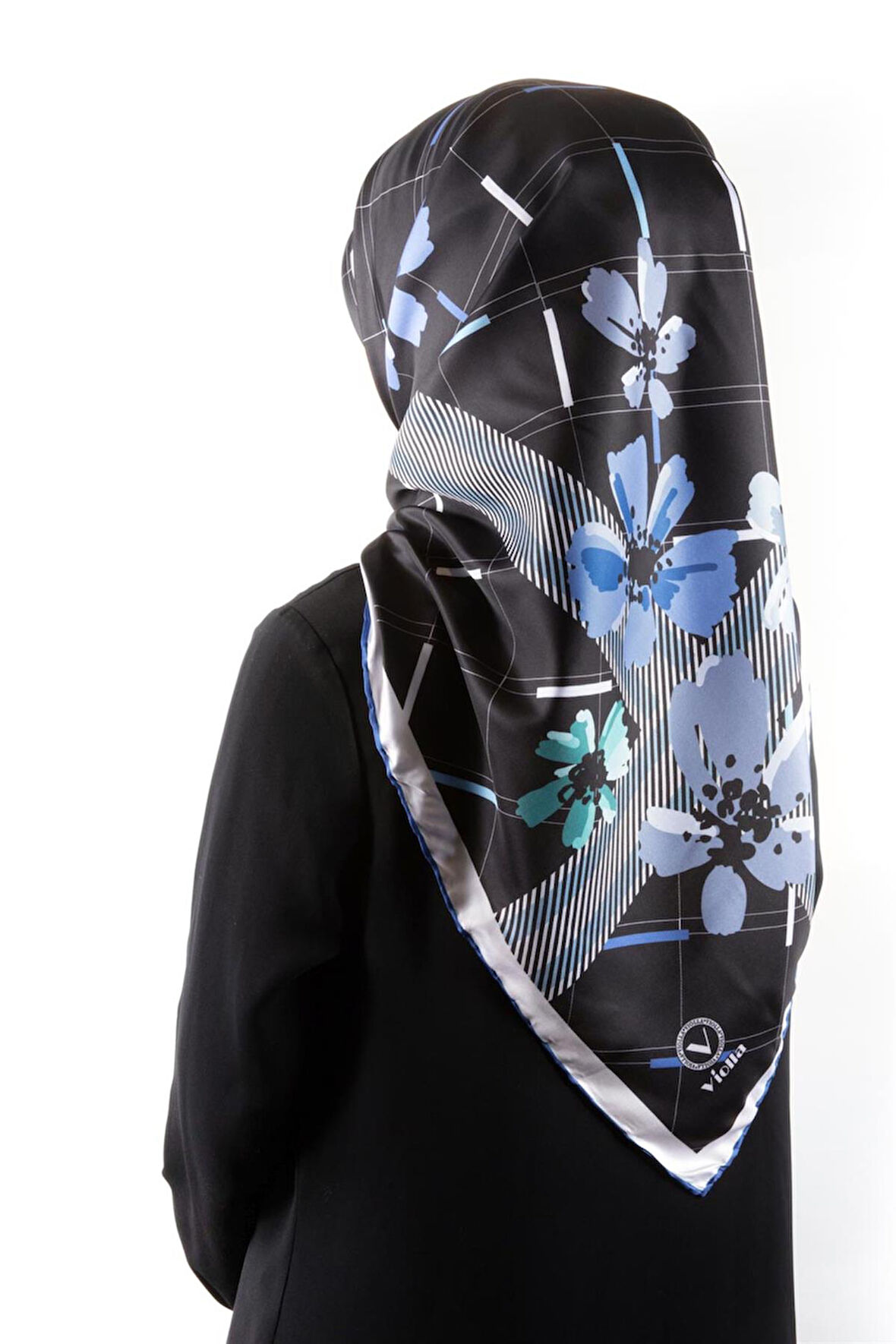 Twill Papatya Desenli Saks Renkli 90x90 Eşarp (İpek İçermez) Kenar Dikiş Şekli El Dikişli