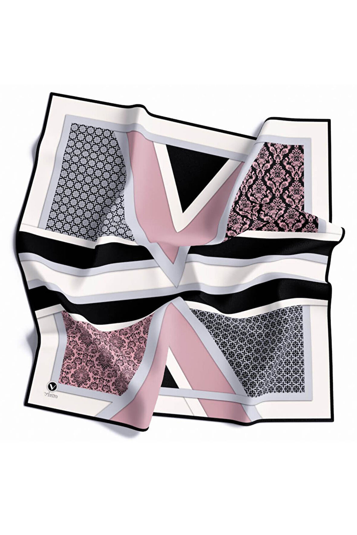 Twill Geometrik Barok Desenli Pudra - Gri Renkli 90x90 Eşarp (İpek İçermez) Kenar Dikiş Şekli El Dikişli