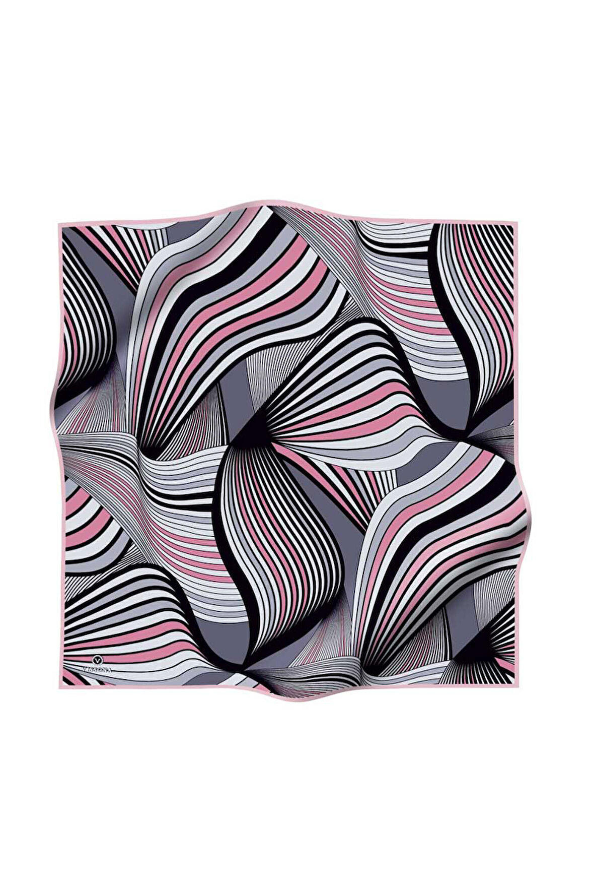 %100 Twill İpek Okyanus Dalgası Desenli Pudra - Gri Renkli 90x90 Eşarp Kenar Dikiş Şekli El Dikişli