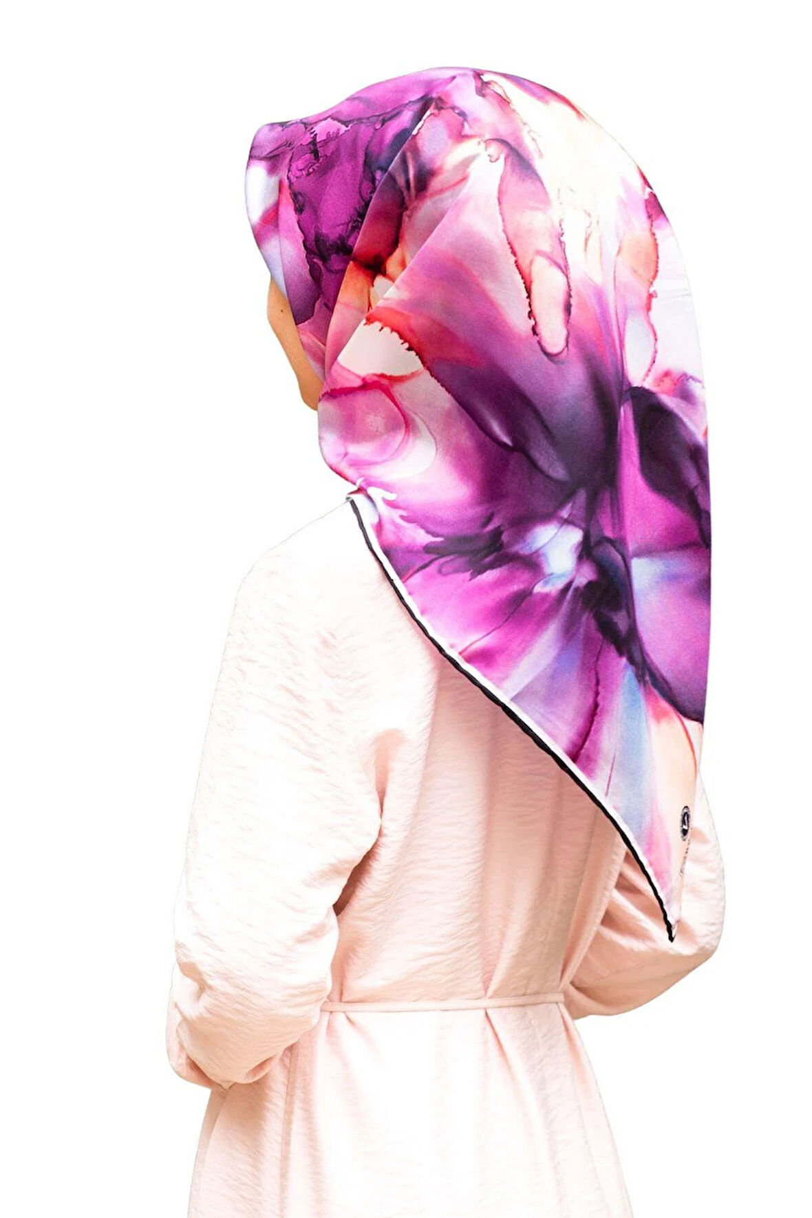 %100 Twill İpek Batik Çiçek Desenli Mürdüm - İndigol Renkli 90x90 Eşarp Kenar Dikiş Şekli El Dikişli