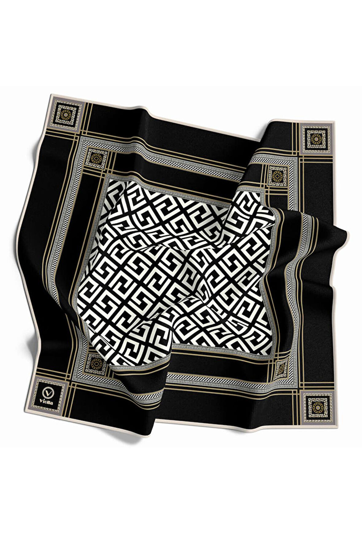 Twill Antik Desenli Siyah Renkli 90x90 Eşarp (İpek İçermez) Kenar Dikiş Şekli El Dikişli